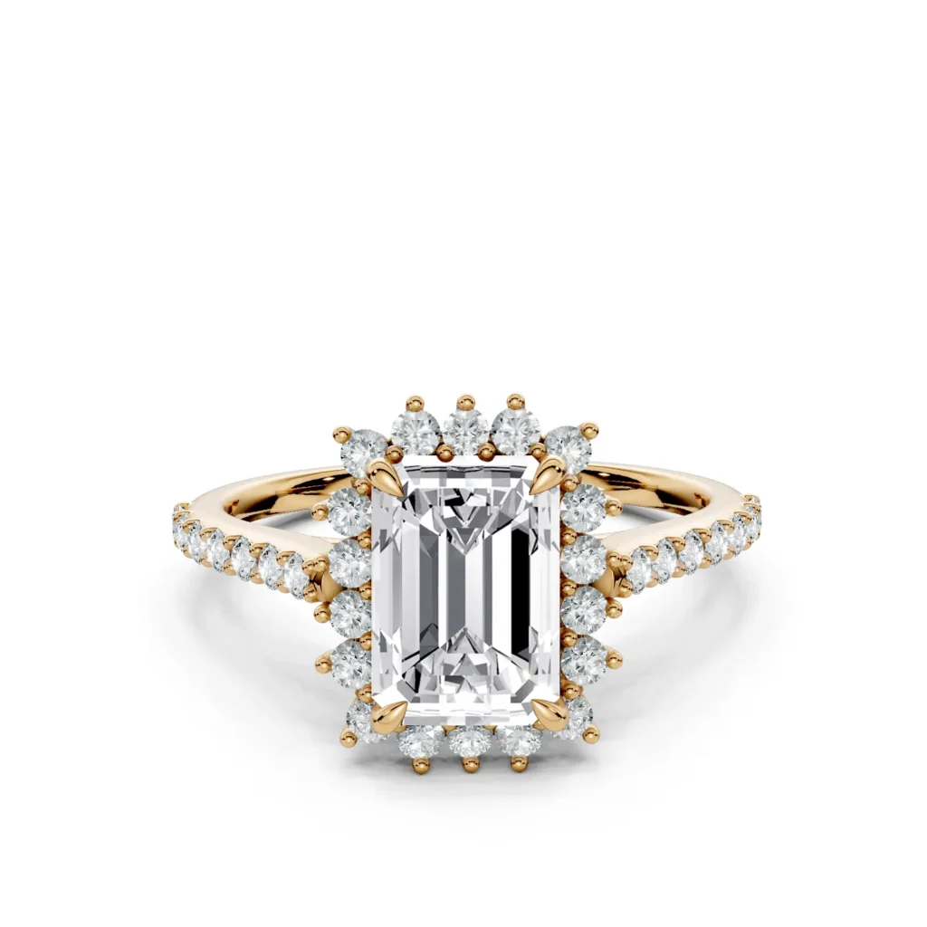 01 Halo Fashion Bridge Curved Standard Profile Pinpoint Pave 12 coverage emerald engagement ring 1