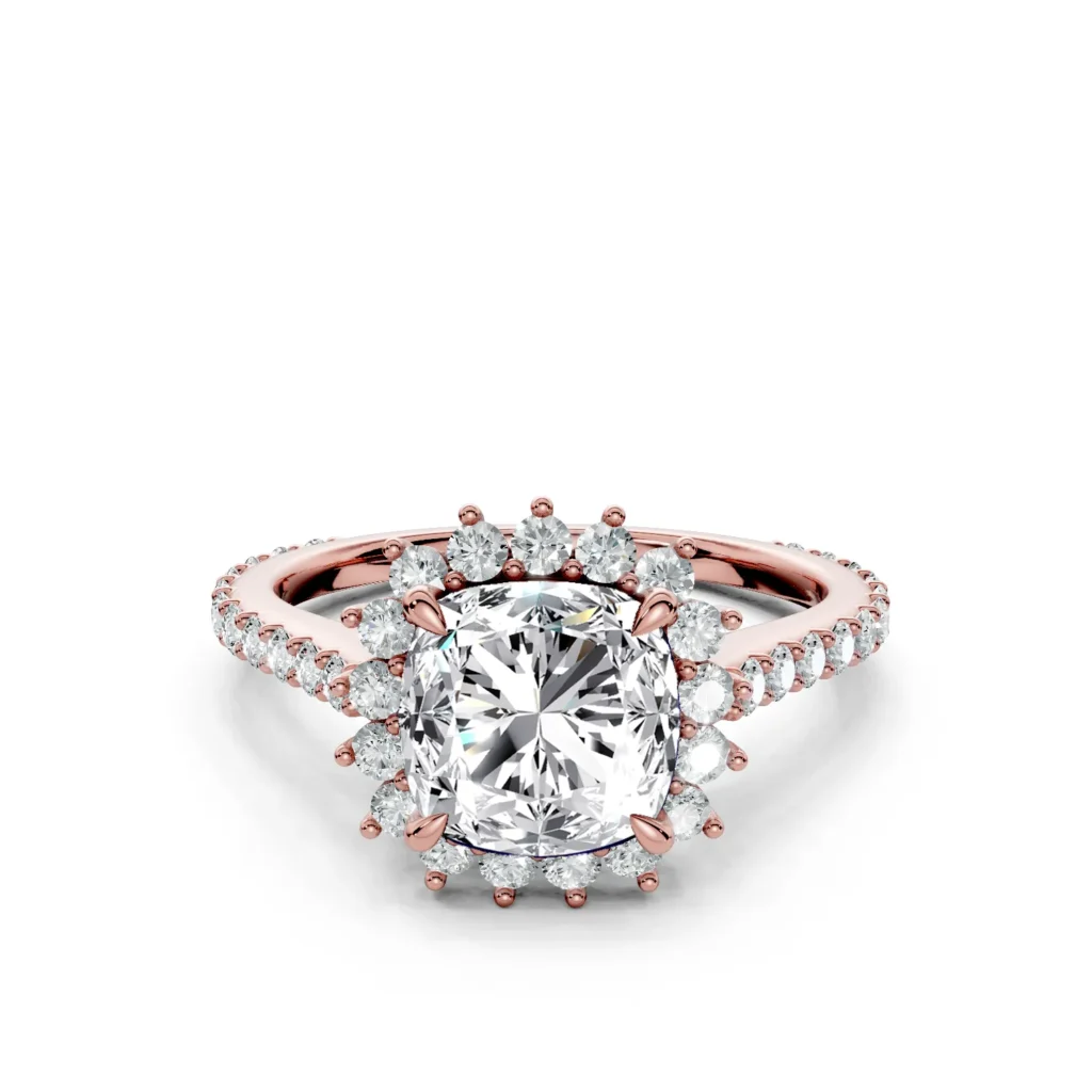 01 Halo Fashion Bridge Curved Standard Profile Pinpoint Pave 34 coverage cushion engagement ring 1