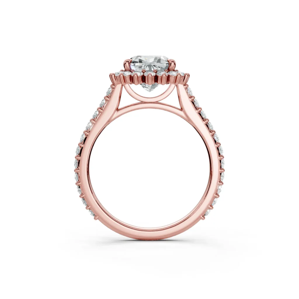 10 Halo Fashion Bridge Curved Standard Profile Pinpoint Pave 34 coverage cushion engagement ring 1