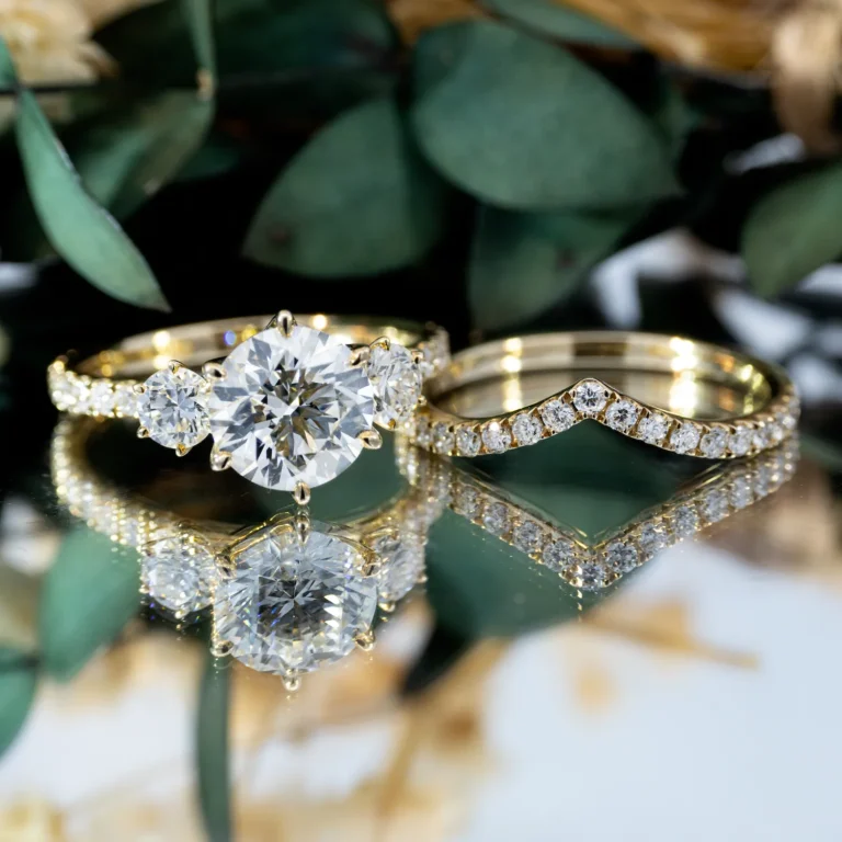 15 Embrace Round Floral Three Stone with Curved Wedding