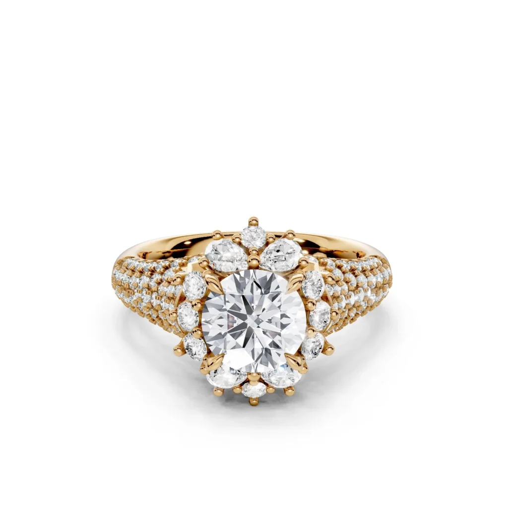 1 Vivre Features Halo Four Prong cathedral Triple angle Pavé Prunus mume 12 coverage round 1ct