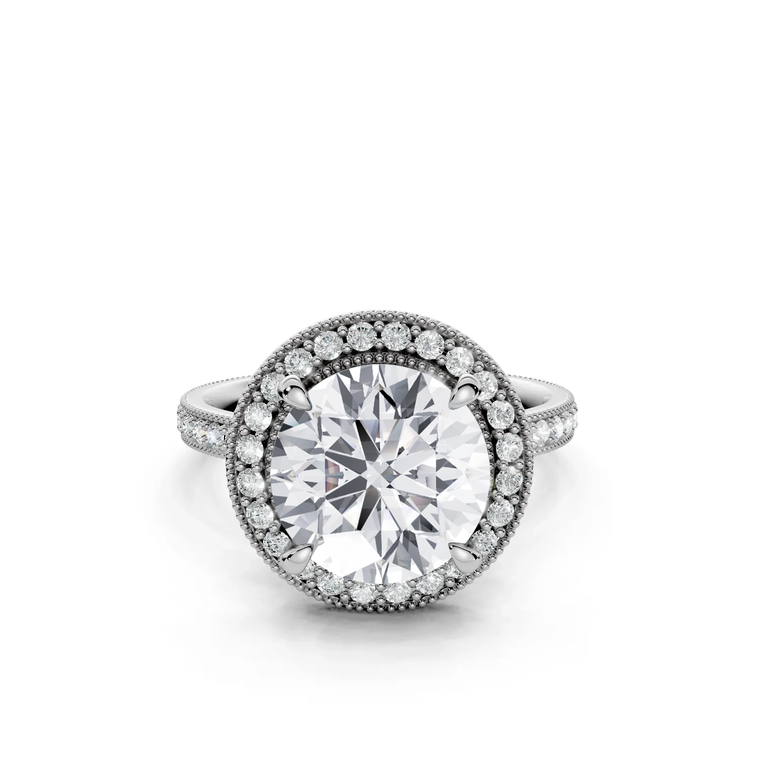 5 Vivre Features Halo Four Prong Low Profile Light Pass Pinpoint Pavé full coverage round 3ct