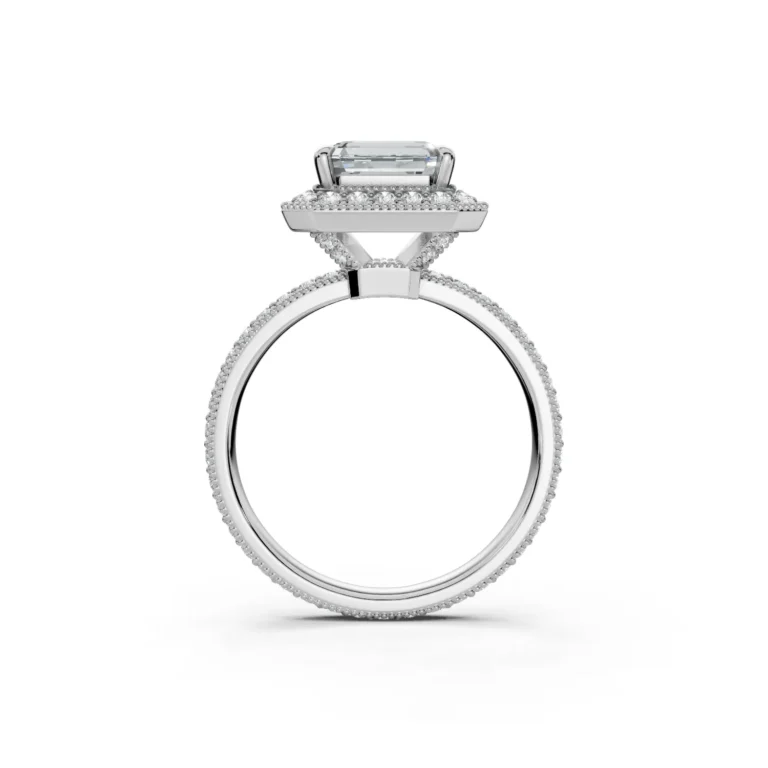6 Vivre Features Halo Four Prong Low Profile Light Pass Pinpoint Pavé full coverage emerald 3ct