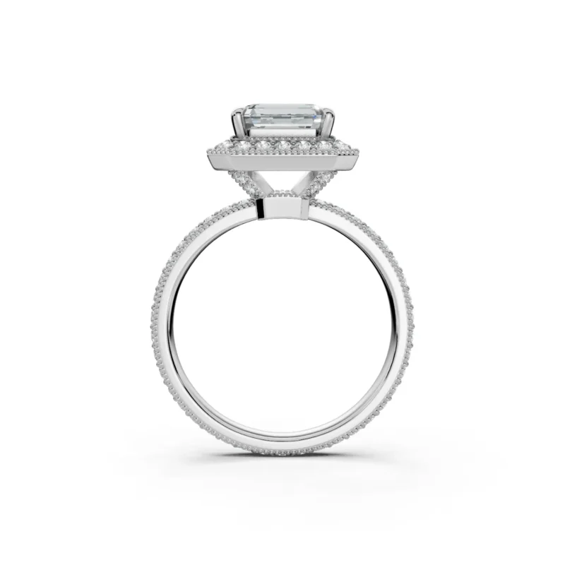 6 Vivre Features Halo Four Prong Low Profile Light Pass Pinpoint Pavé full coverage emerald 3ct