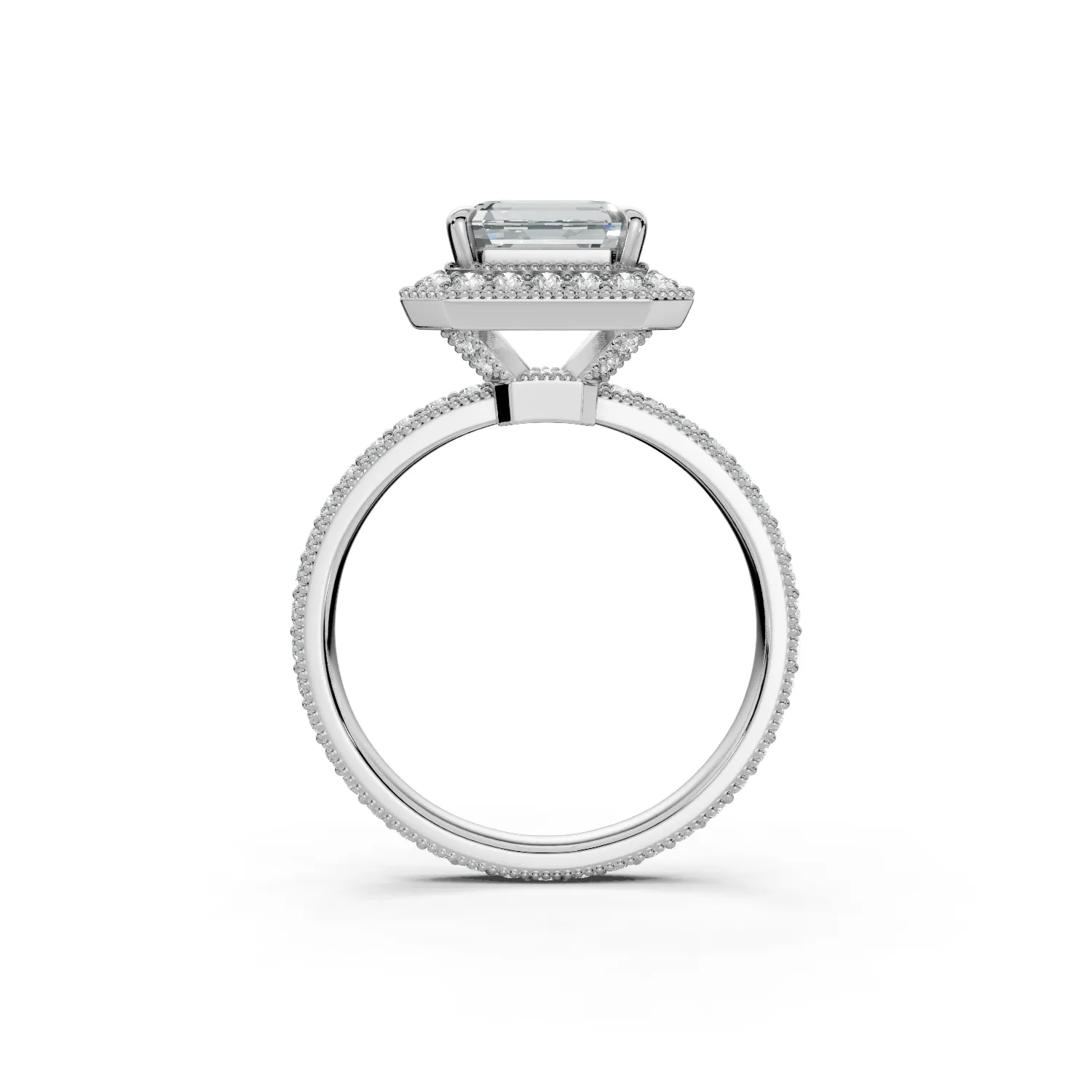 6 Vivre Features Halo Four Prong Low Profile Light Pass Pinpoint Pavé full coverage emerald 3ct