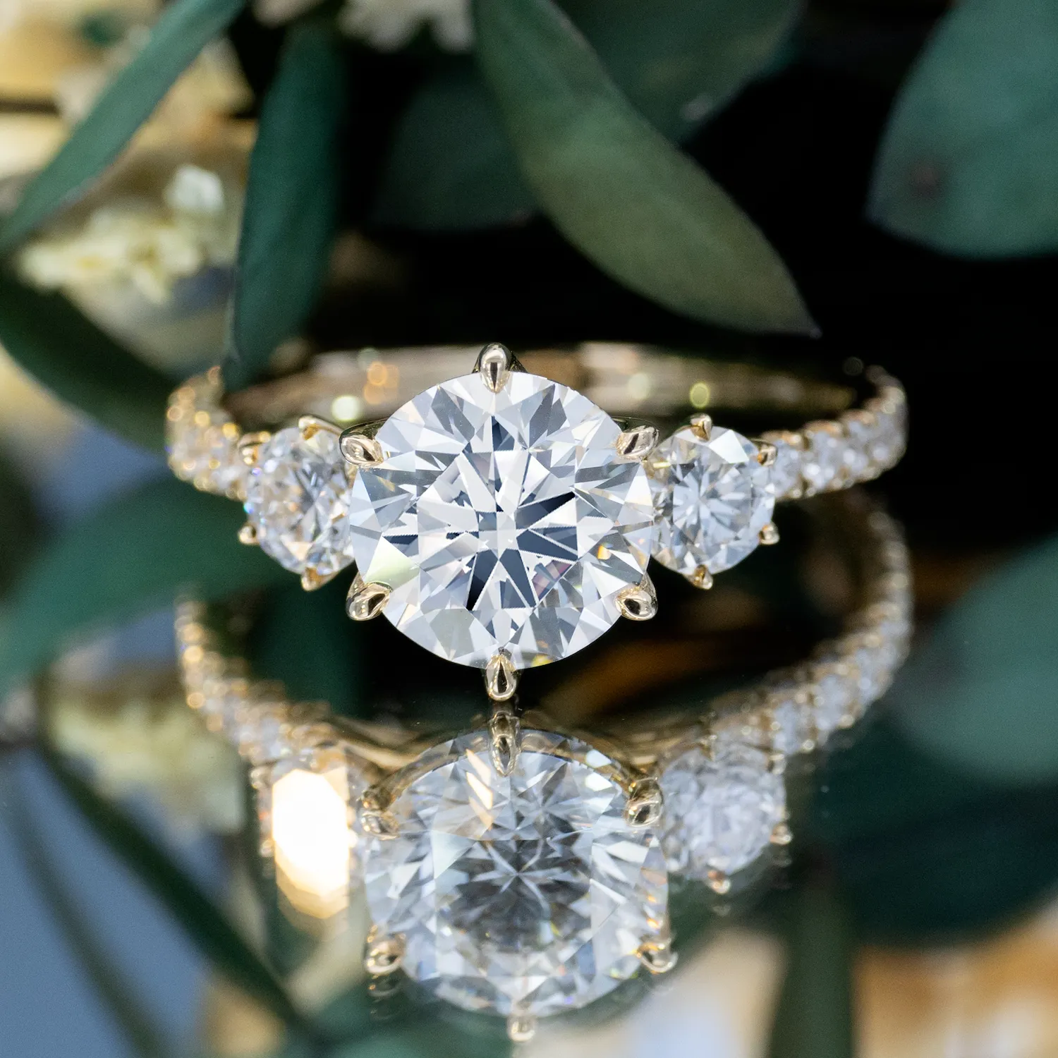 Floral Round Three Stone Diamond Ring 1