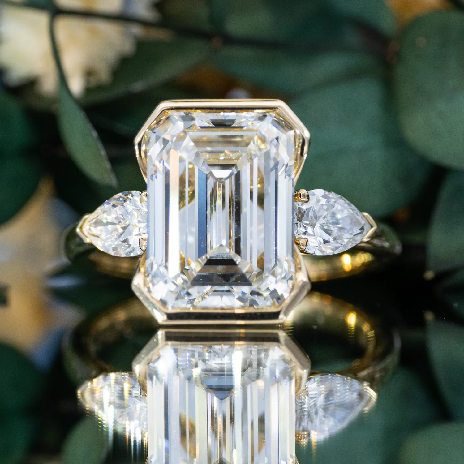 Half Bezel Three Stone Emerald Diamond Ring Half Bezel Three Stone Emerald Diamond Ring